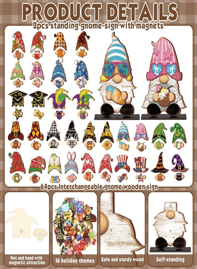 Lineshading 68 Pcs Rustic Holiday Interchangeable Gnome Decor Farmhouse Wooden Seasonal Gnome Decoration with Detachable Hats Magnet Pieces for DIY Thanksgiving Christmas Fall Decor - Image 5